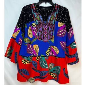 Calessa Women's Embroidered Hippie Chic Boho Island Print Tunic Size Small